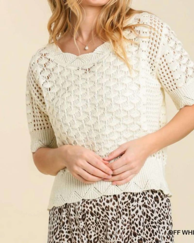 Front of a model wearing a size Large Lighten Your Load Sweater in Off White in Off White by Umgee. | dia_product_style_image_id:327131